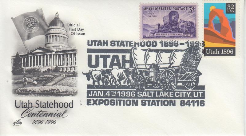 1996 Utah Centennial Salt Lake UT Pictorial Artcraft FDOI