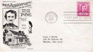 USA 1949 FDC Sc 986 Edgar Allan Poe Fleetwood Cachet First Day Cover