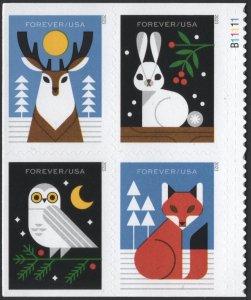 SC#5822-25 (Forever) Winter Woodland Animals Block of Four (2023) SA