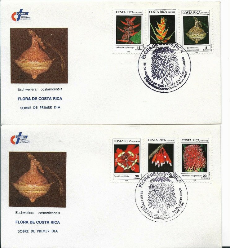 COSTA RICA 1989 FLOWERS FLORA 6 VALUES O 2 FIRST DAY COVERS SPECIAL POSTMARK