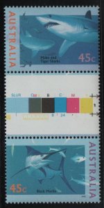 Australia 1995 MNH Sc 1464a, 1464b 45c Sharks, marlin Gutter pair