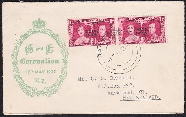 COOK IS 1937 Coronation 1d(2) on illustrated FDC - Rarotonga cds...........A8441