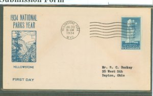 US 744 1934 5c Yellowstone (part of the Natl Parks series) on an addressed (typed) FDC with a Fairways cachet