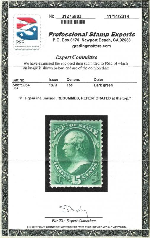 WCstamps: U.S. Scott #O64 / $180 - 15c Official 2014 PSE Cert, Unused, XF