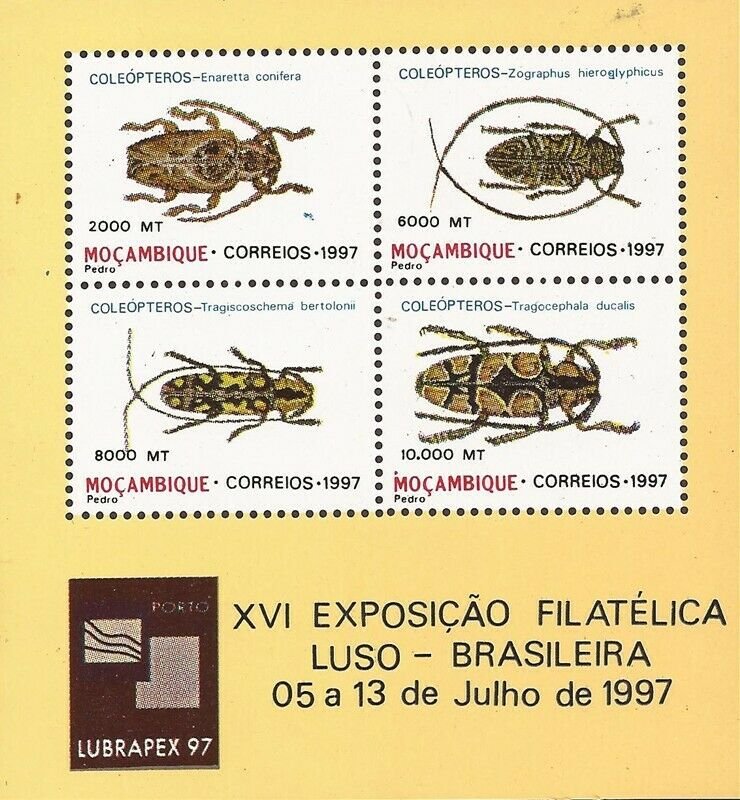 Mozambique - 1997 Insects Beetles - 4 Stamp Souvenir Sheet - Scott #1291a