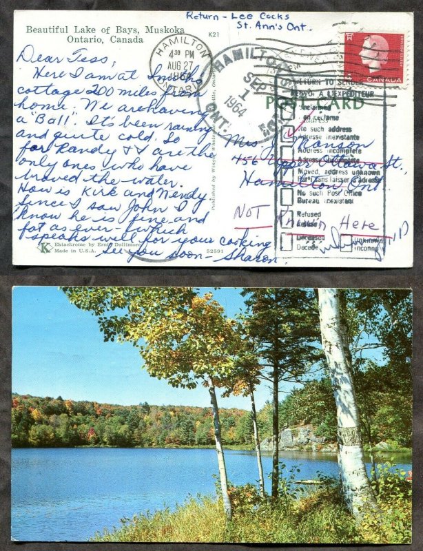 4543 - HAMILTON STATION 1964 CDS on Muskoka Postcard. RETURN TO SENDER