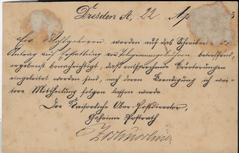 Germany 1883 PC Official Dresden local use. Postal Director seal.  VF.    (a4855