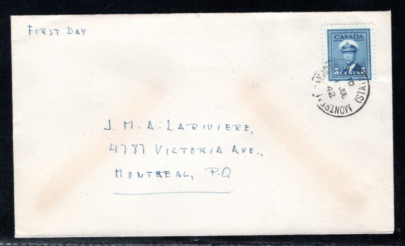 255, Scott, Canada, 5c, FDC, Tied by CDS, 1 Jul 42, no cachet, KGVI War Issue