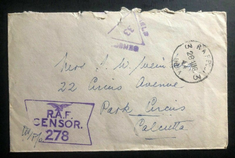 1944 Bangalore India RAFPOST 3 censored Cover To Calcutta