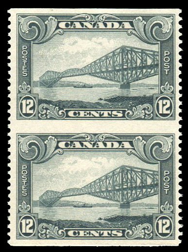 Canada #156c Cat$280, 1928-29 12c gray, vertical pair imperf. horizontally, n...