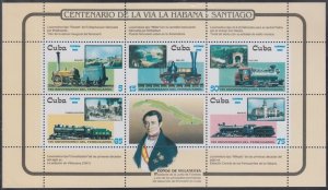 CUBA Sc # 4266a CPL MNH SHEETLET of 5 DIFF + LABEL,  165th ANN of RAILROADS