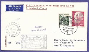 LUFTHANSA LH 732,  FRANKFURT / TUNIS, 1966 FIRST FLIGHT AIRMAIL COVER.