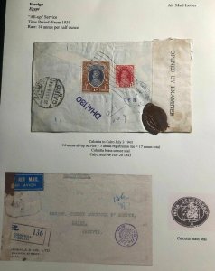 1943 Calcutta India Airmail Censored Cover To Credit Agricole In Cairo Egypt