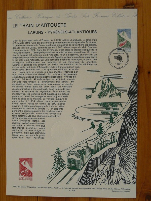 railroads touristic train in Pyrenees mountains FDC folder engraving 1993-538