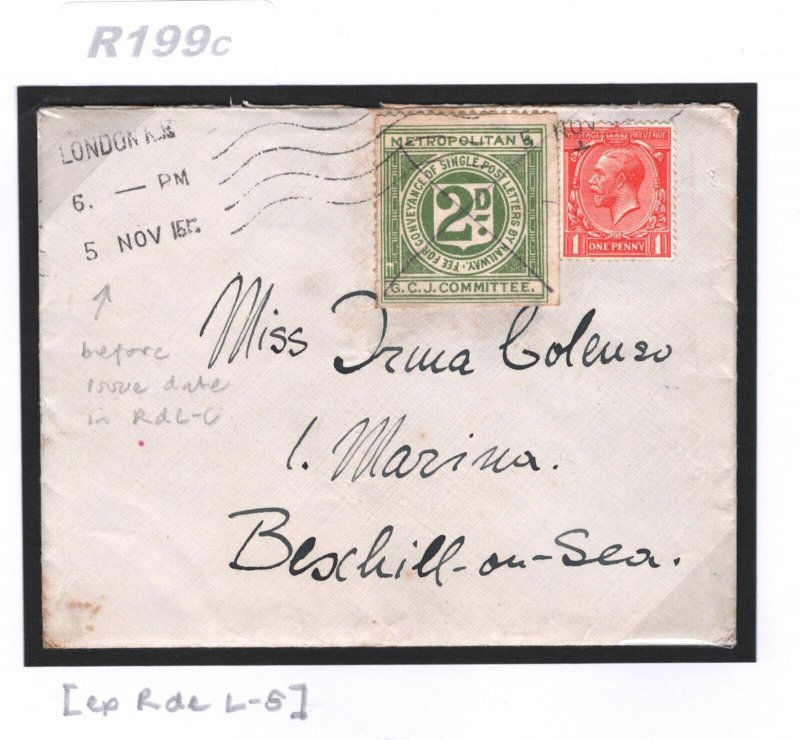 GB 1915 Cover *METROPOLITAN &GCJC RAILWAY* 2d Letter Stamp NEW EARLY DATE R199c 