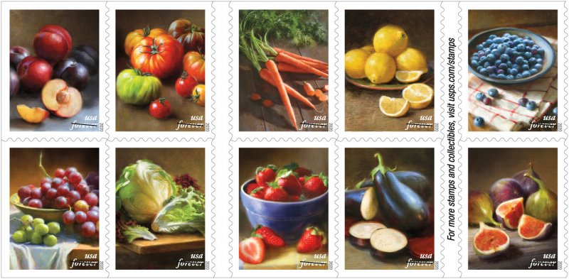 2020 55c Fruits & Vegetables Paintings, Block of 10 Scott 5484-5493 Mint VF NH