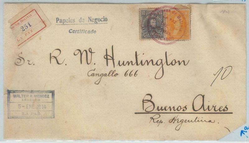 78982 - BOLIVIA - POSTAL HISTORY -  REGISTERED COVER to ARGENTINA 1913