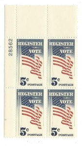 1964 Patriotic Register To Vote Plate Block Of 4 5c Stamps - MNH, OG - Sc# 1249