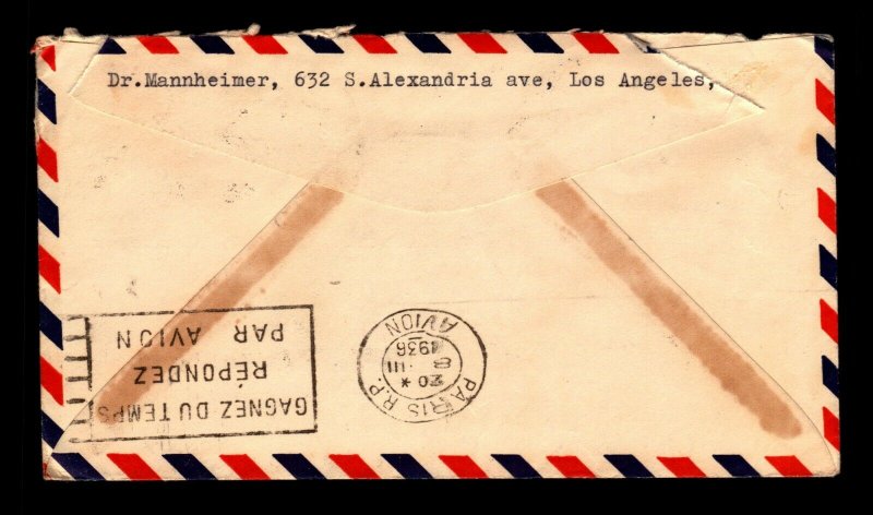 US 1936 Airmal Cover LA to Germany via SS Hansa - L12301