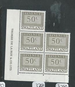 SWAZILAND (P1907B) MODERN REVENUE 50C DE LA RUE IMPRINT BL OF 5  MNH