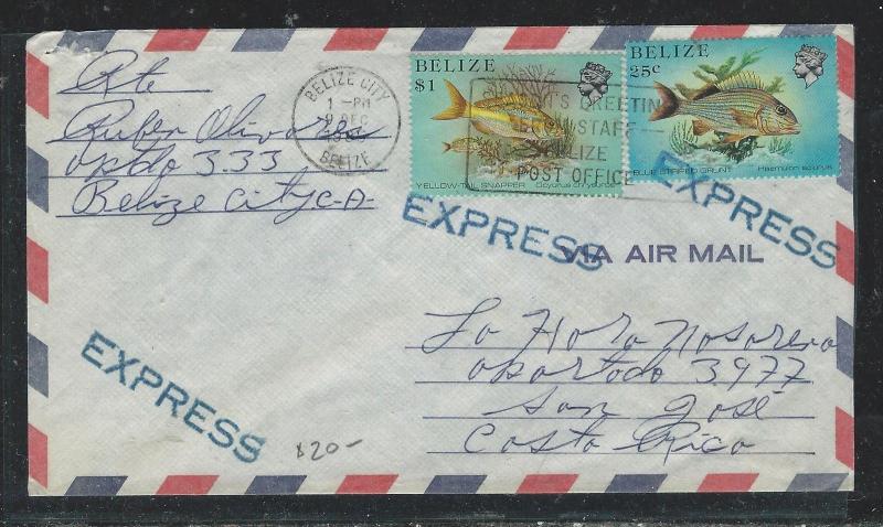 BELIZE  (P2706B) 1985 FISH 25C+$1.00 EXPRESS COVER TO COSTA RICA