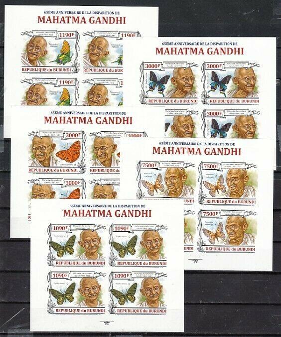 Burundi, 2012 issue. Mahatma Gandhi & Butterflies as 5 IMPERF sheets of 4. ^