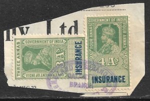 INDIA 1926 KGV 3a and 4a INSURANCE Revenue BFT. 2324 VFU on Piece