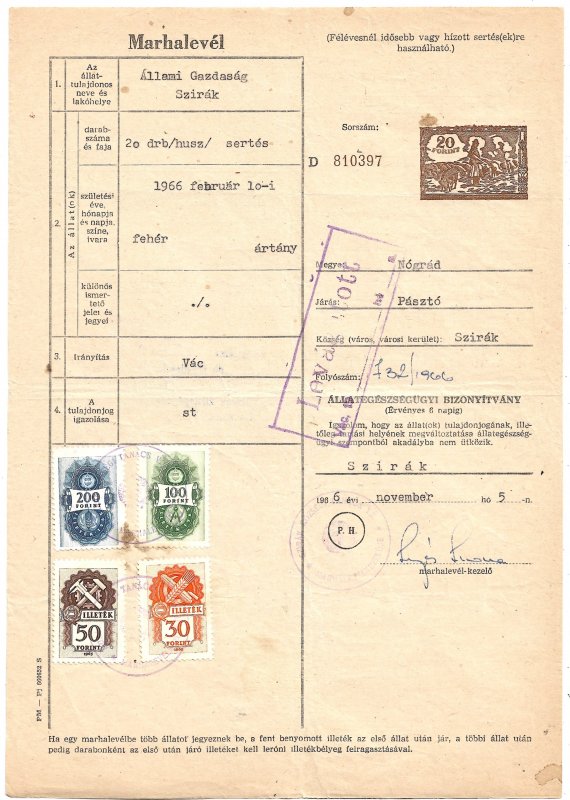 HUNGARY 1964 20ft LIVESTOCK TAX PIGS Revenue Form w 5 More Stamps Used