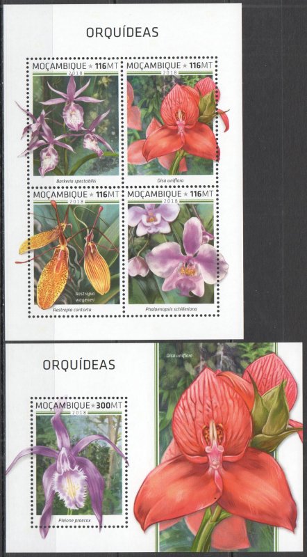 HM1337 2018 MOZAMBIQUE ORCHIDS FLORA FLOWERS #9841-4+BL1409 MNH