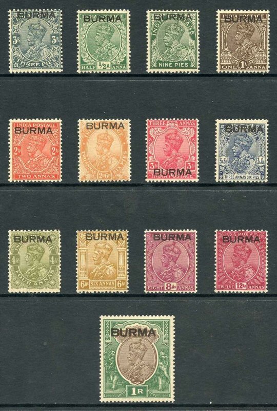 Burma SG1/13 India KGV overprints set to 1R Fine M/Mint (brown gum)