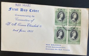 1953 Kingston Jamaica First Day Cover Queen Elizabeth 2 coronation Stamp Block 2