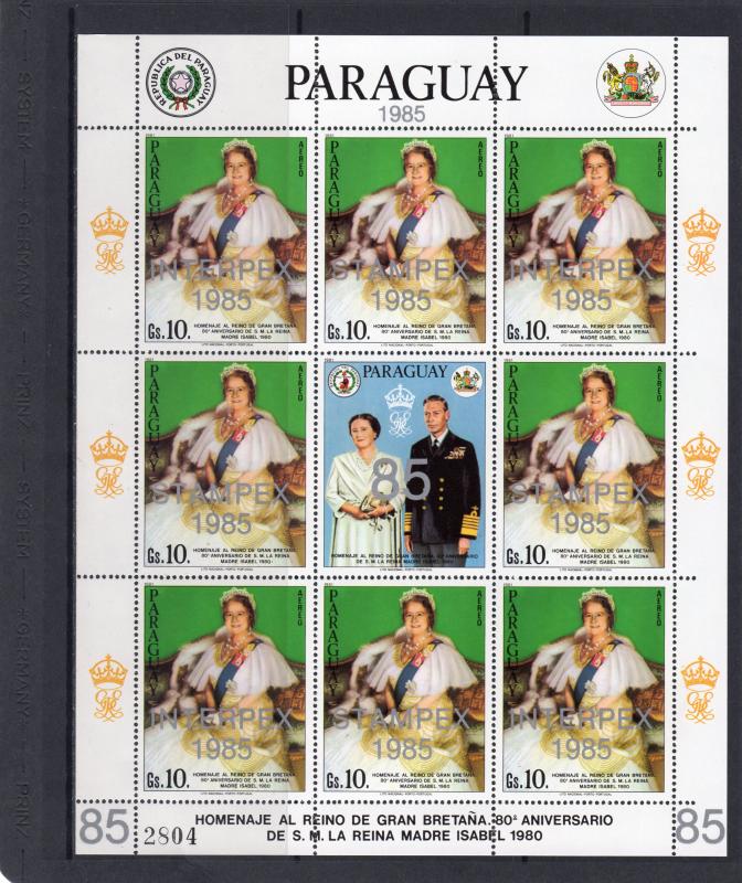 Paraguay 1985 Sc#C590/91 Queen Mother 85/Interpex/Stampex Shlt (8+1L) MNH