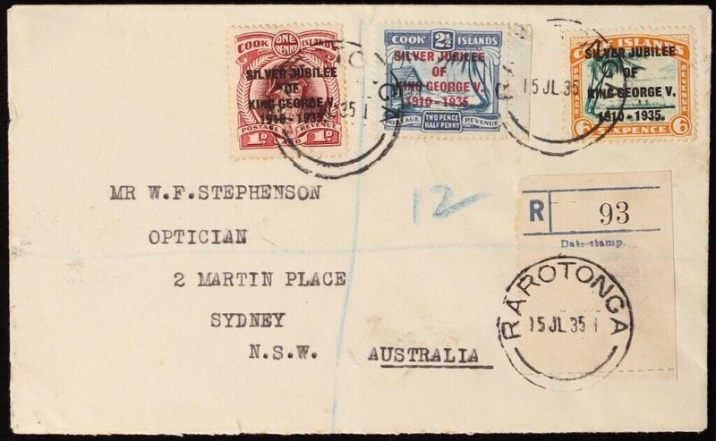 COOK ISLANDS 1935 Registered cover KGV Silver Jubilee set. narrow E. To Sydney.