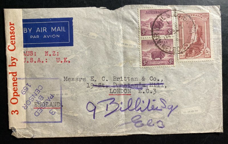 1941 Melbourne Australia Airmail Censored Cover To London England Via New Zealad