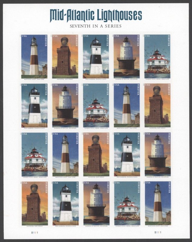 2018 US Scott #5621-5625  Mid-Atlantic Lighthouses, Sheet of 20 Forever Stamps