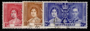 MONTSERRAT GVI SG98-100, 1937 CORONATION set, FINE USED.