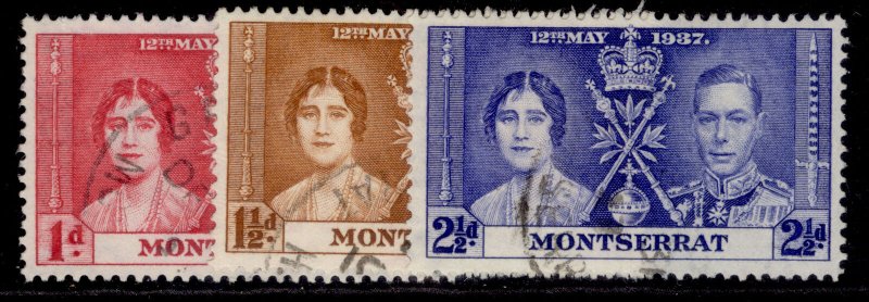 MONTSERRAT GVI SG98-100, 1937 CORONATION set, FINE USED.