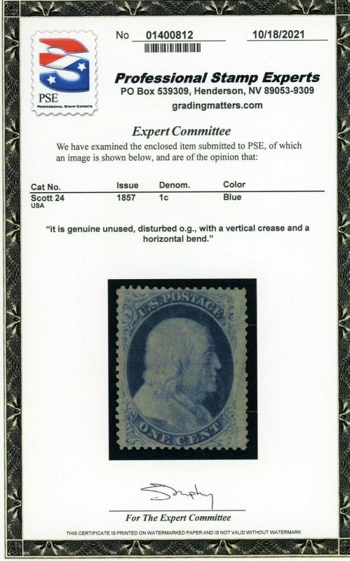 US Stamp #24 Franklin 1c - PSE Cert - Mint DOG