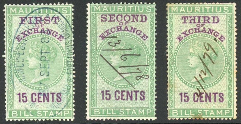 Mauritius BF25 15c Green and Purple Bill of Exchange Stamps Set of 3 