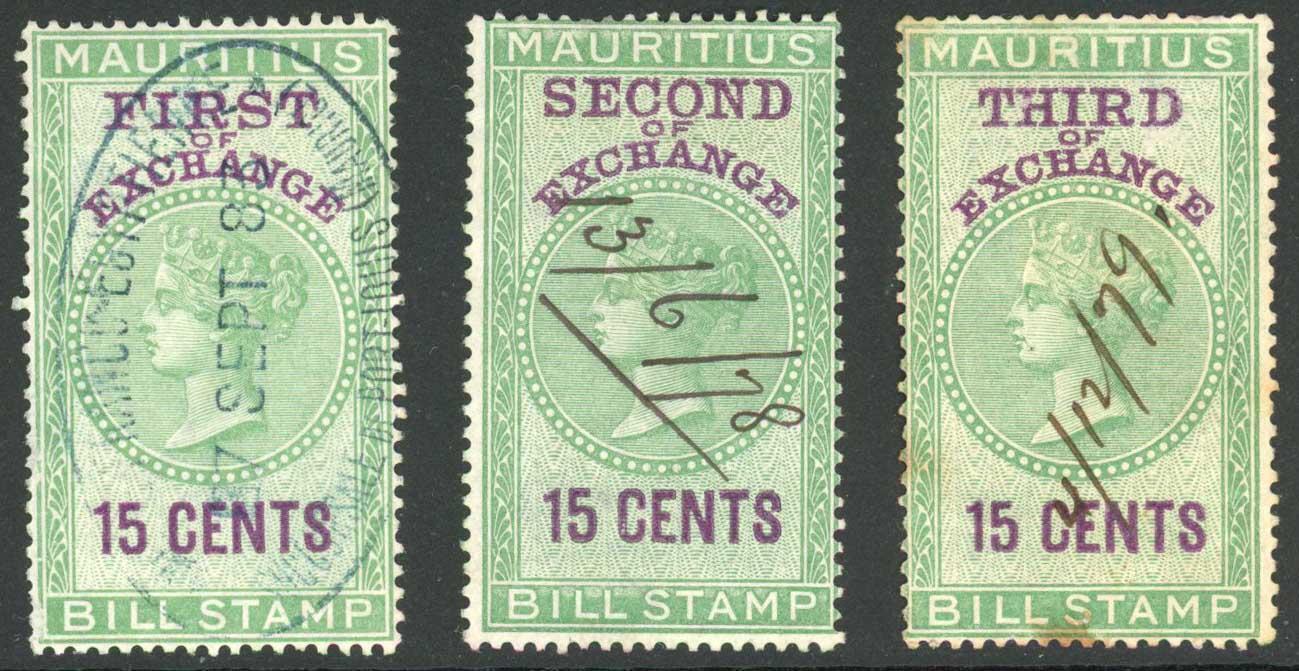 Mauritius BF25 15c Green and Purple Bill of Exchange Stamps Set of 3