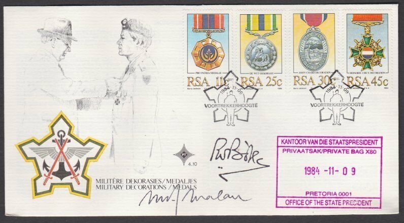 SOUTH AFRICA 1984 Military Medals FDC signed by PM  P.W. Botha & M Malan....L691 