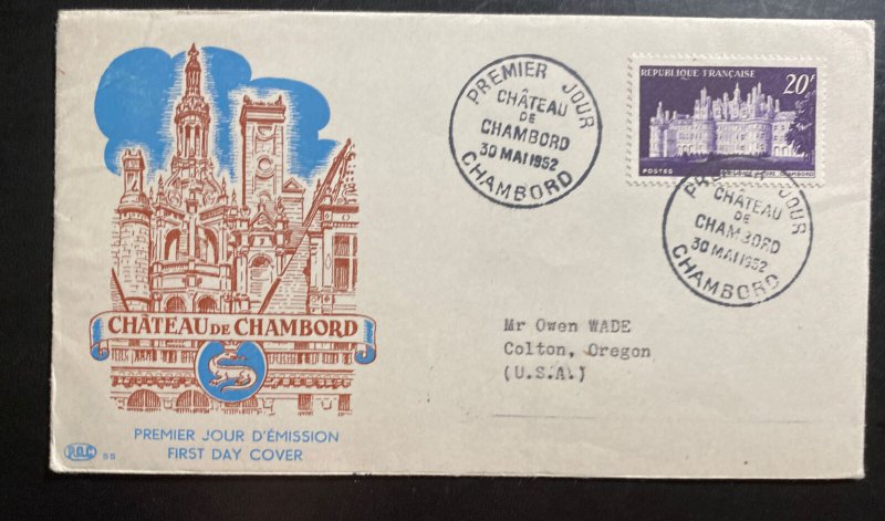 1952 Chambord France First Day Cover FDC Castle Of chambord