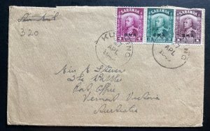 1946 Kuching Sarawak Airmail Cover To Vermont Australia BMA Overprints