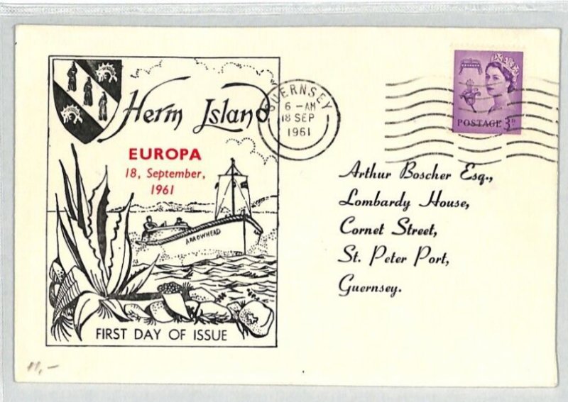 GB QEII Locals *HERM ISLAND* FDC EUROPA 1961 Guernsey REGIONAL Cover XE91