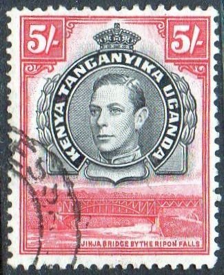 KUT 1938 5/- black and carmine (P13¼) used