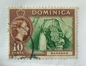 Dominica 1957 Scott 159 used - 10c, Queen Elizabeth II & Harvesting bananas