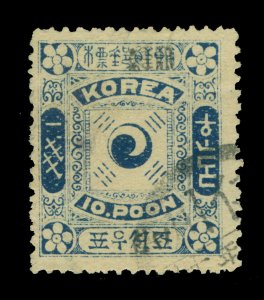 KOREA 1897 Yin Yang - BLACK OVERPRINT - 10p pale blue Scott # 13G used VF