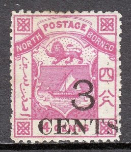 NORTH BORNEO — SCOTT 15 (SG 18) — 1886 3c ON 4c SURCH. TY. C P14 — MH — SCV $120