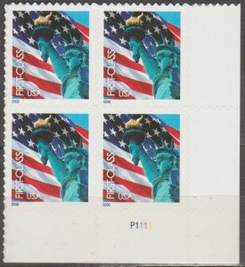 3966, PB of 4 L/R. Flag & Lady Liberty MNH, NON-DENOM .39 cent.