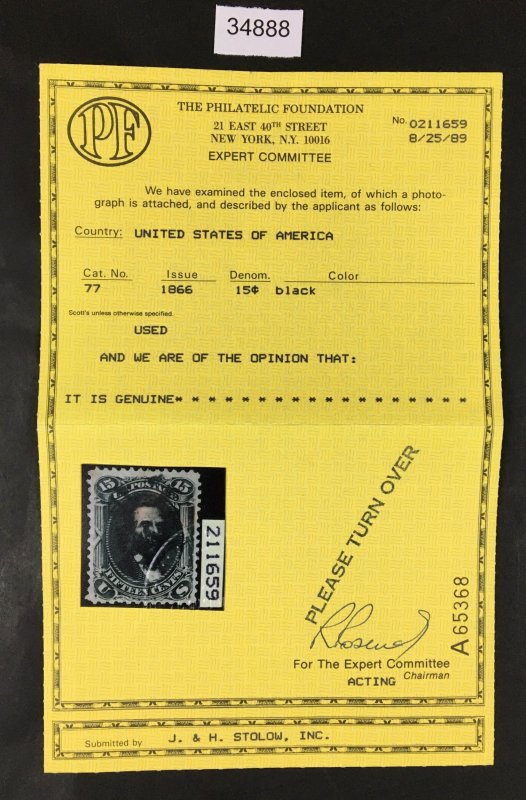 US STAMPS # 77 USED PF CERT $175 LOT #34888
